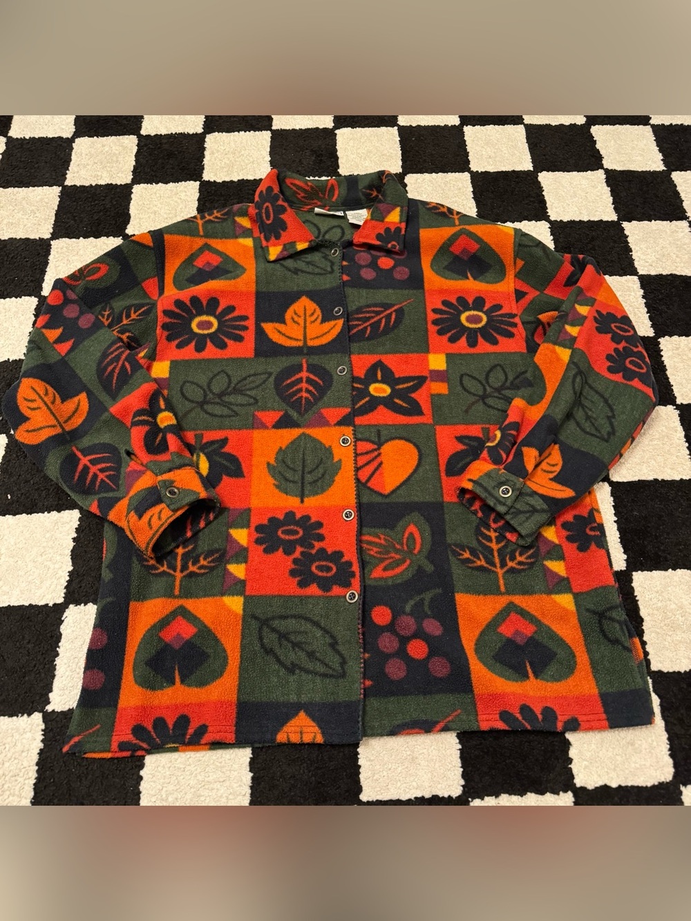 New Look Green & Orange Floral Patchwork Fleece Button Up Jacket Shirt